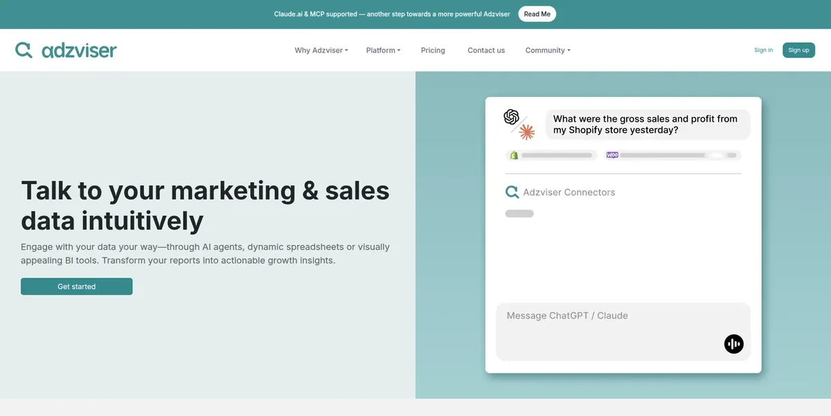 Adzviser marketing analytics website home page