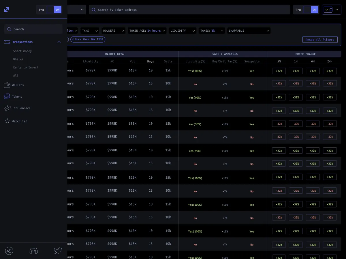 Crypto trading platform UI with token market table