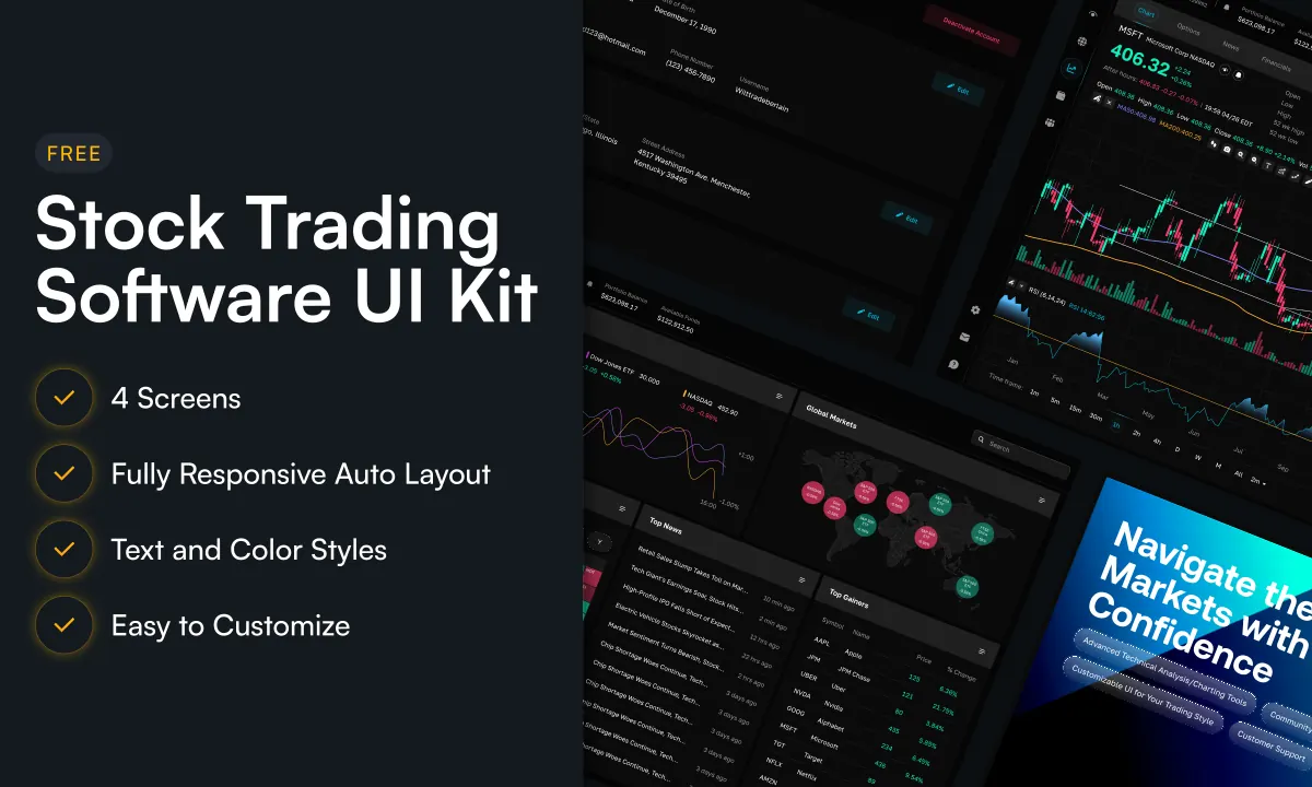 Stock trading software UI kit with dark dashboard screens